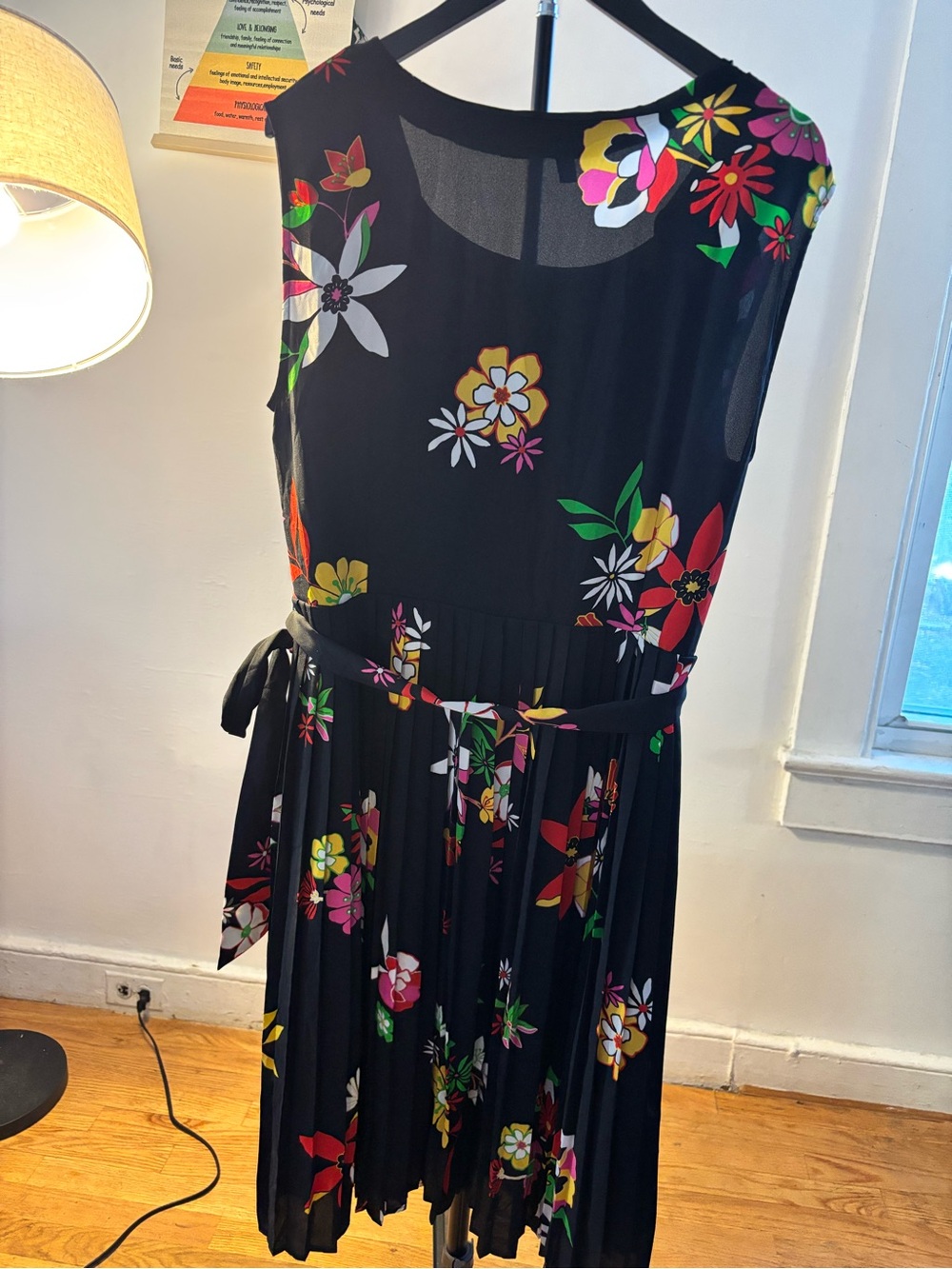 Modcloth Black Floral Pleated Midi Dress with Tie Waist